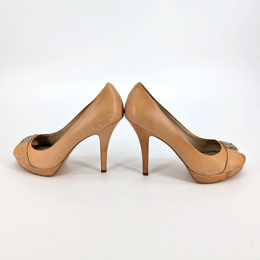 Coach‎ Aliya Tan Leather Peep Toe Platform Pumps Logo Buckle Size 7.5B Millenial